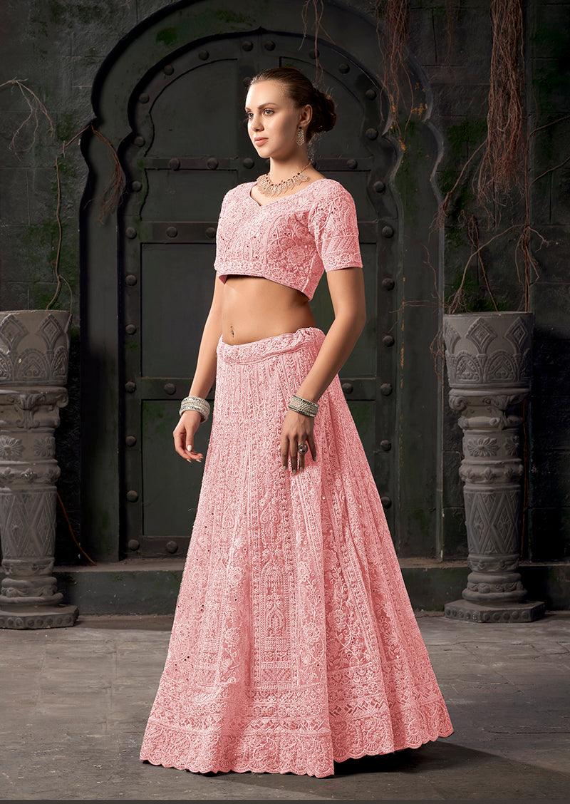 Monjolika Fashion Light pink Net Lehenga Choli In Thread Embroidered | Grocsy