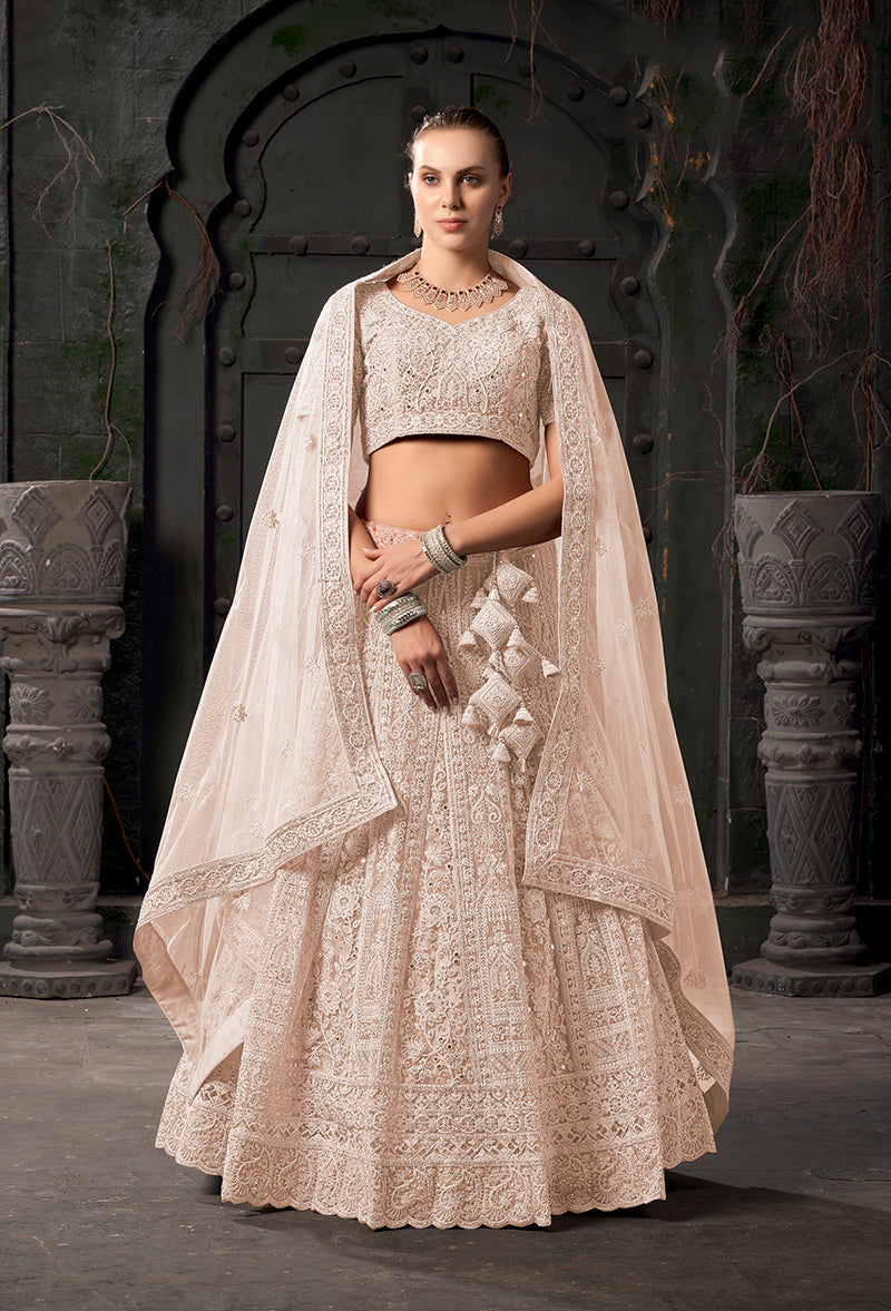 Monjolika Fashion Cream Net Lehenga Choli In Thread Embroidered | Grocsy