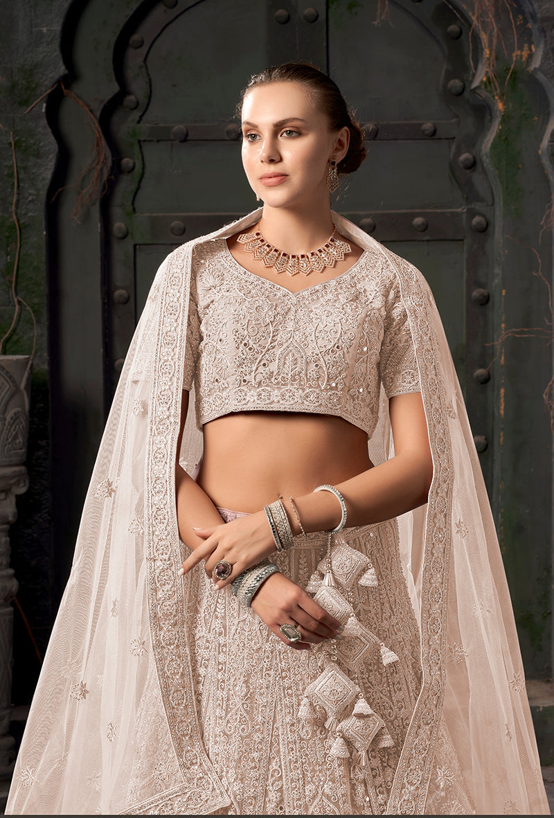 Monjolika Fashion Cream Net Lehenga Choli In Thread Embroidered | Grocsy