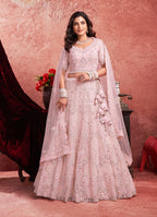 Monjolika Fashion Baby pink Net Lehenga Choli In Thread Embroidered | Grocsy
