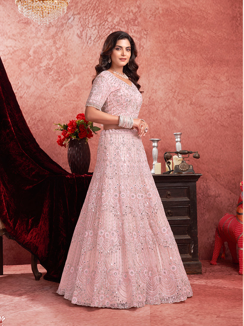 Monjolika Fashion Baby pink Net Lehenga Choli In Thread Embroidered | Grocsy