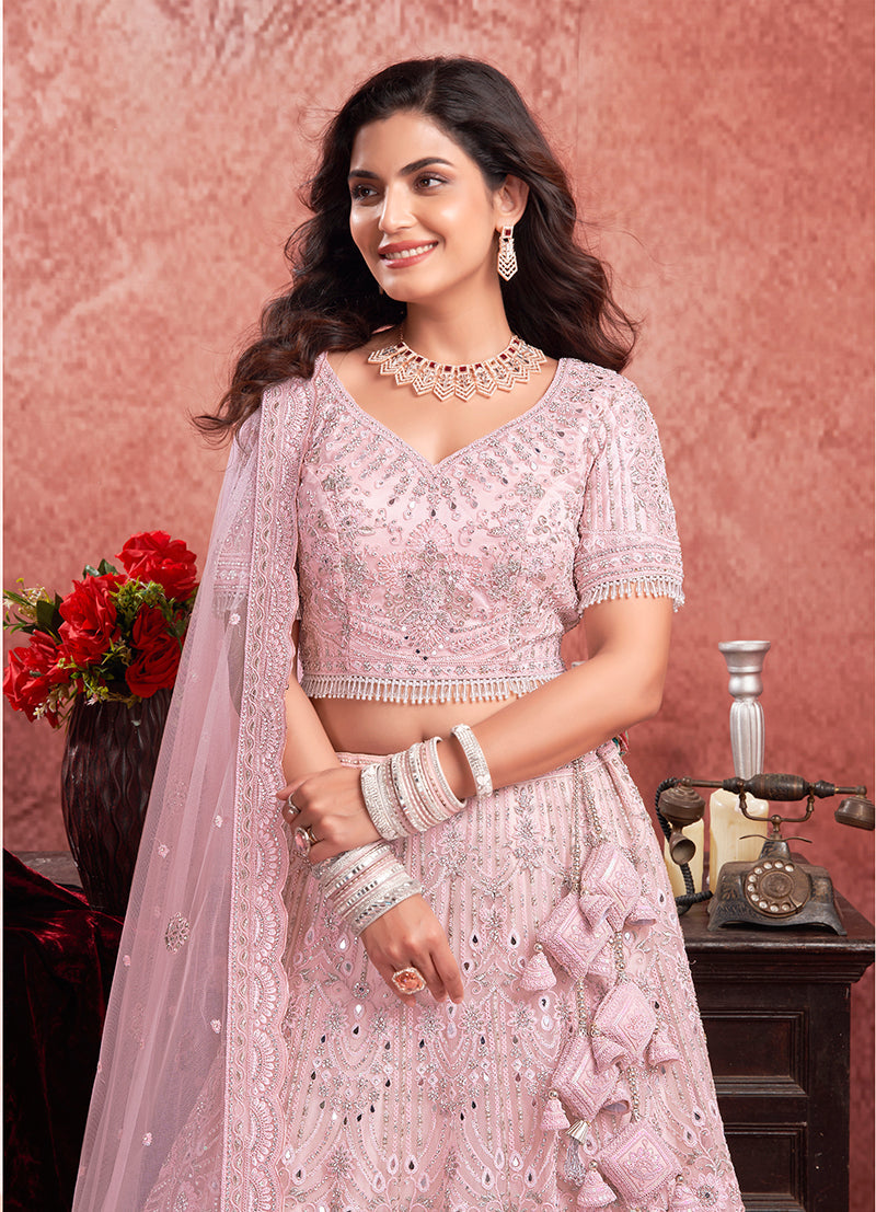 Monjolika Fashion Baby pink Net Lehenga Choli In Thread Embroidered | Grocsy