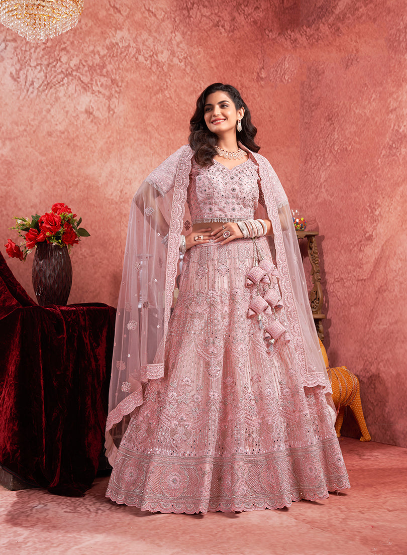 Monjolika Fashion Pink Net Lehenga Choli In Thread Embroidered | Grocsy