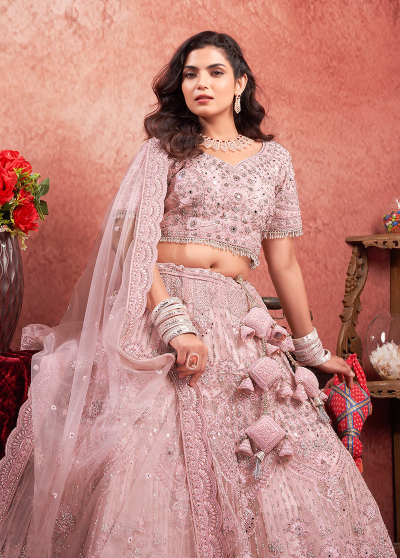 Monjolika Fashion Pink Net Lehenga Choli In Thread Embroidered | Grocsy