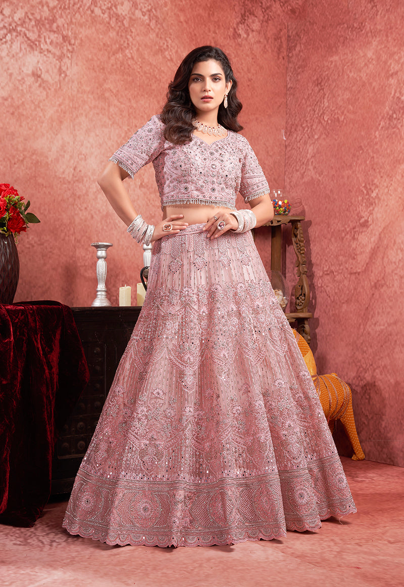 Monjolika Fashion Pink Net Lehenga Choli In Thread Embroidered | Grocsy