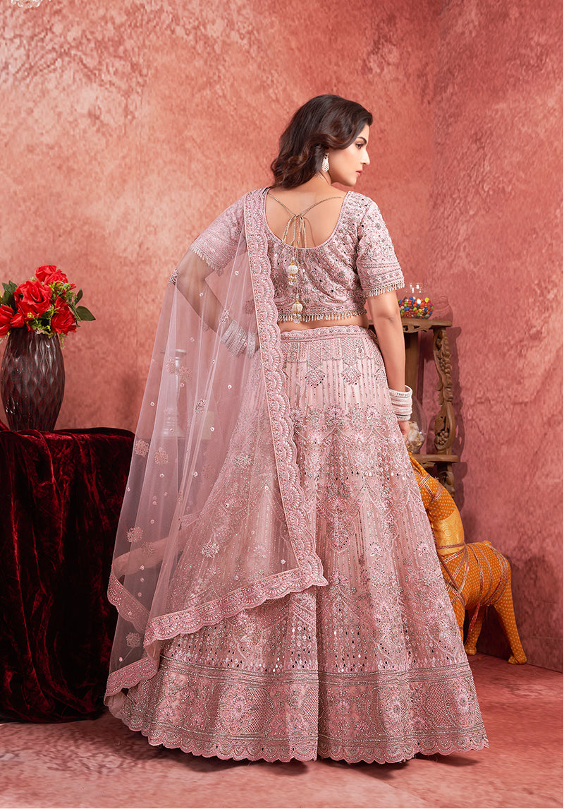 Monjolika Fashion Pink Net Lehenga Choli In Thread Embroidered | Grocsy