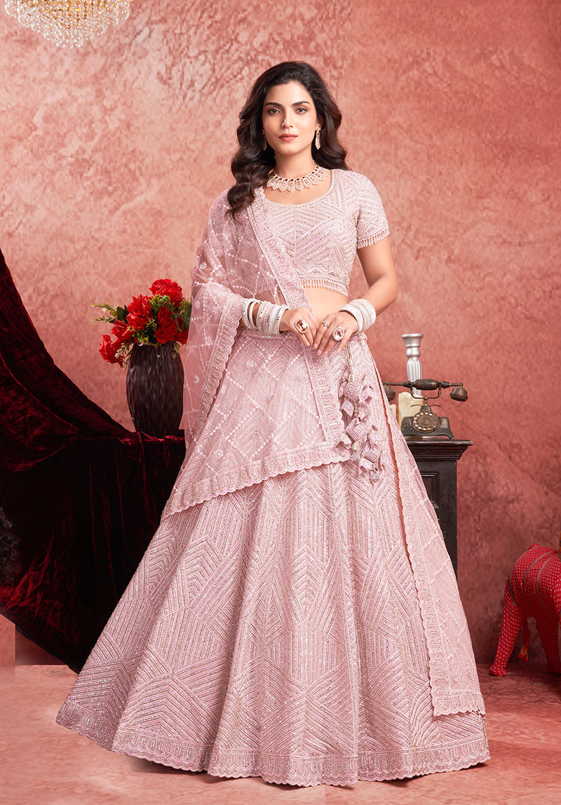 Monjolika Fashion Baby pink Net Lehenga Choli In Thread Embroidered | Grocsy