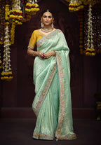 Monjolika Fashion Aqua Blue Kanjivaram Silk Sangeet Classic Saree | Grocsy