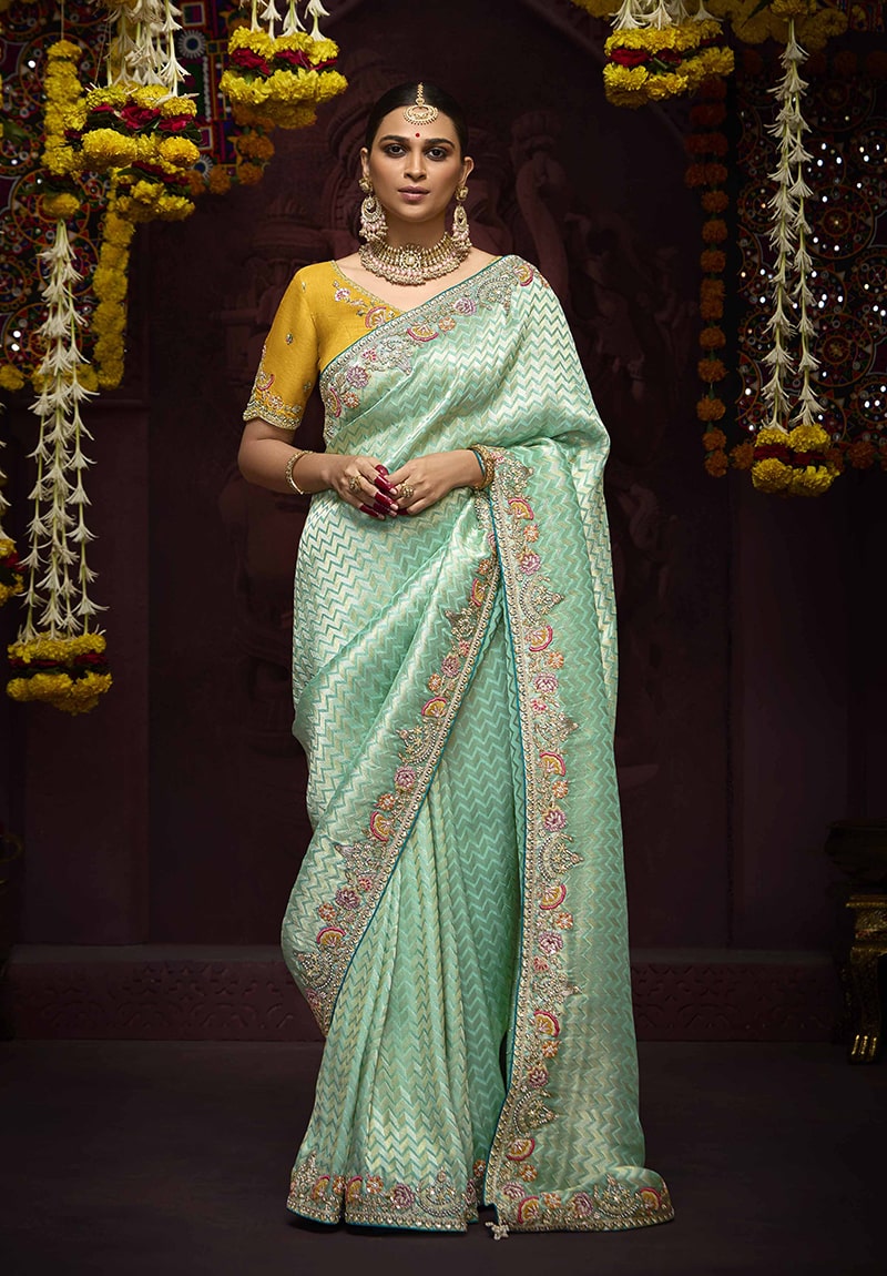Monjolika Fashion Aqua Blue Kanjivaram Silk Sangeet Classic Saree | Grocsy
