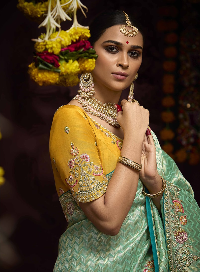 Monjolika Fashion Aqua Blue Kanjivaram Silk Sangeet Classic Saree | Grocsy