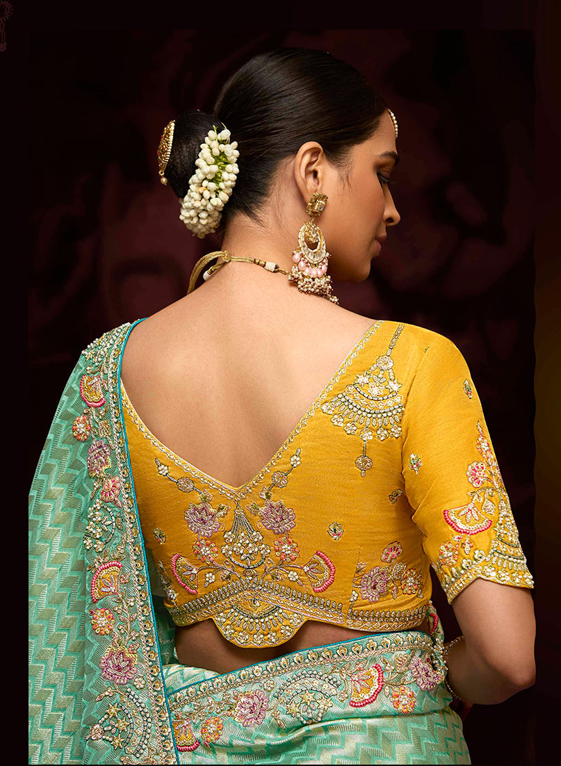 Monjolika Fashion Aqua Blue Kanjivaram Silk Sangeet Classic Saree | Grocsy