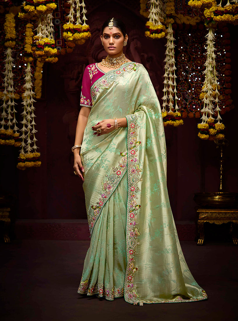 Monjolika Fashion Embroidered Bead Sea Green Traditional Saree | Grocsy
