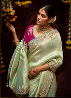 Monjolika Fashion Embroidered Bead Sea Green Traditional Saree | Grocsy