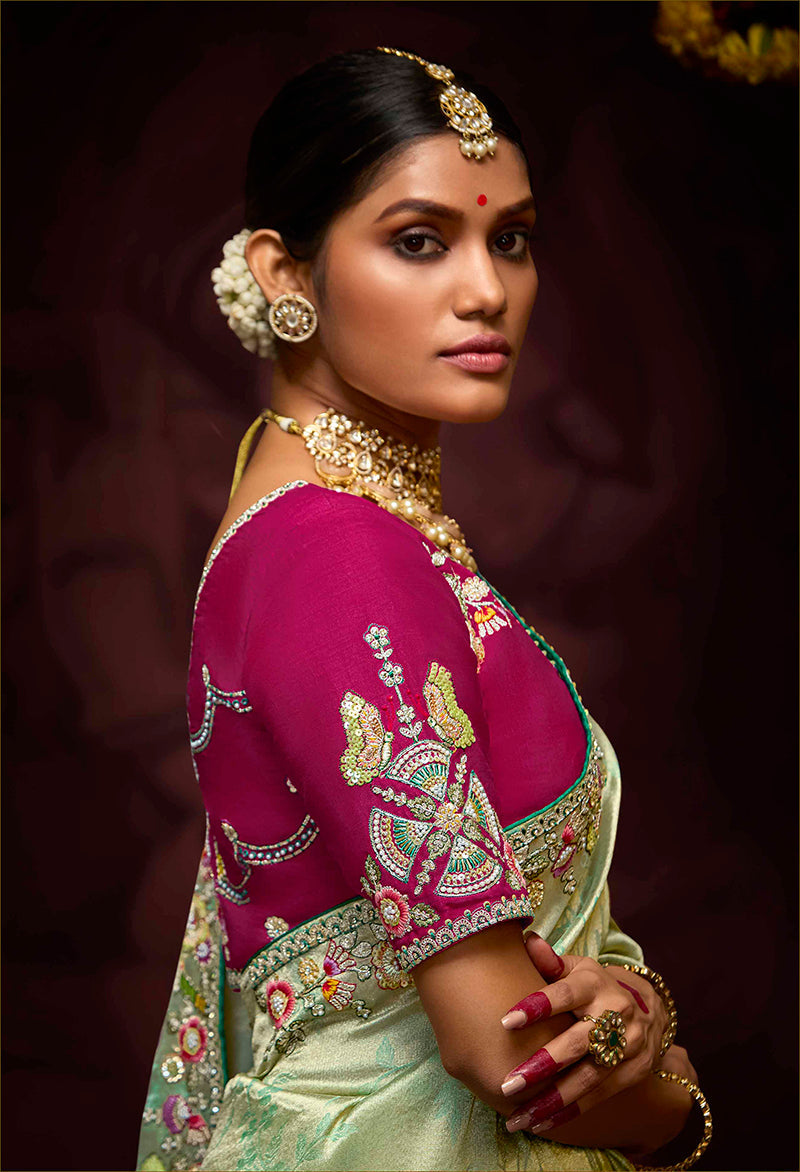 Monjolika Fashion Embroidered Bead Sea Green Traditional Saree | Grocsy