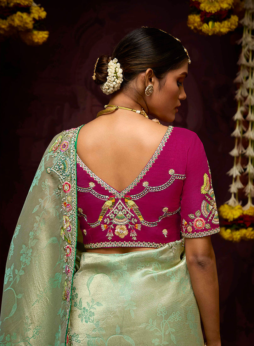 Monjolika Fashion Embroidered Bead Sea Green Traditional Saree | Grocsy