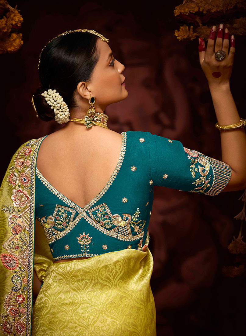 Monjolika Fashion Embroidered Yellow Kanjivaram Silk Trendy Saree | Grocsy