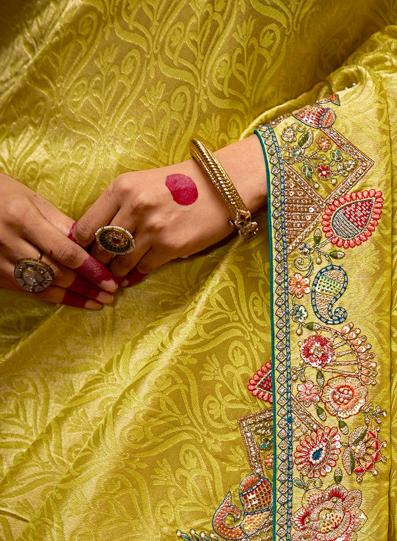 Monjolika Fashion Embroidered Yellow Kanjivaram Silk Trendy Saree | Grocsy