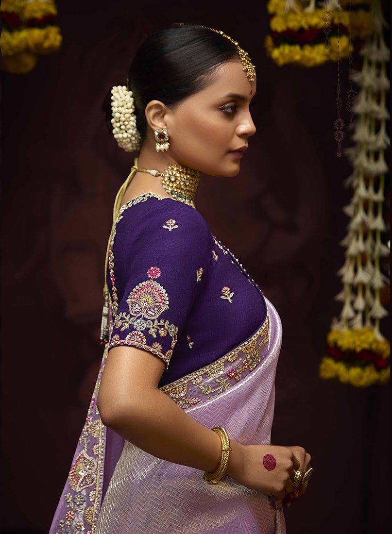 Monjolika Fashion Lavender Sequins Kanjivaram Silk Designer Saree | Grocsy