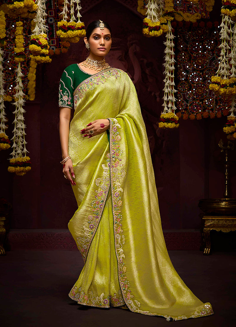 Monjolika Fashion Embroidered Stones Thread Green Classic Saree | Grocsy