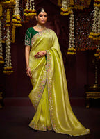 Monjolika Fashion Embroidered Stones Thread Green Classic Saree | Grocsy