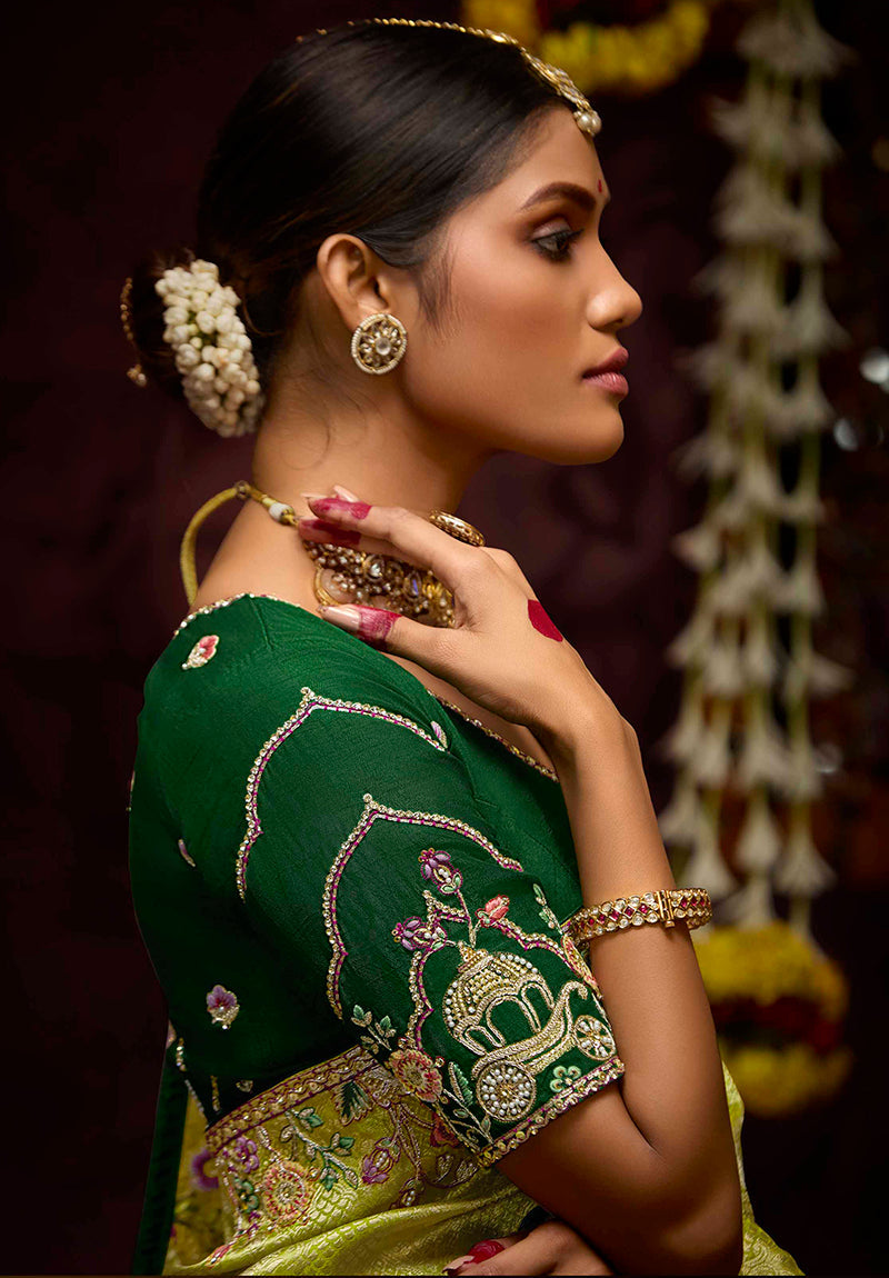Monjolika Fashion Embroidered Stones Thread Green Classic Saree | Grocsy
