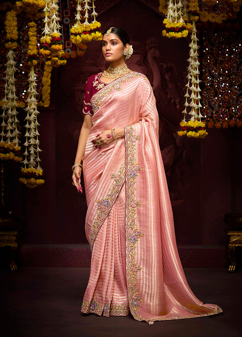 Monjolika Fashion Kanjivaram Silk Weaving Rose Pink Contemporary Saree | Grocsy