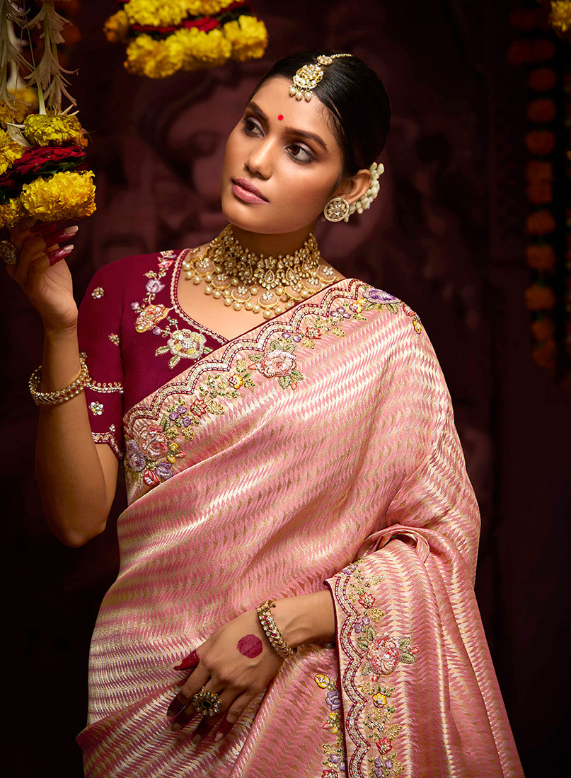 Monjolika Fashion Kanjivaram Silk Weaving Rose Pink Contemporary Saree | Grocsy