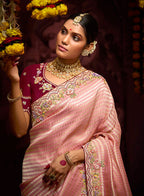 Monjolika Fashion Kanjivaram Silk Weaving Rose Pink Contemporary Saree | Grocsy