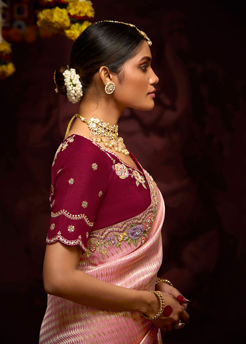 Monjolika Fashion Kanjivaram Silk Weaving Rose Pink Contemporary Saree | Grocsy