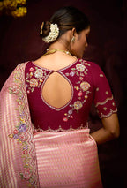 Monjolika Fashion Kanjivaram Silk Weaving Rose Pink Contemporary Saree | Grocsy