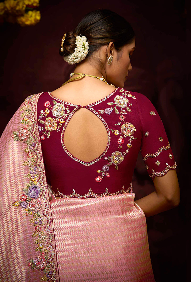 Monjolika Fashion Kanjivaram Silk Weaving Rose Pink Contemporary Saree | Grocsy