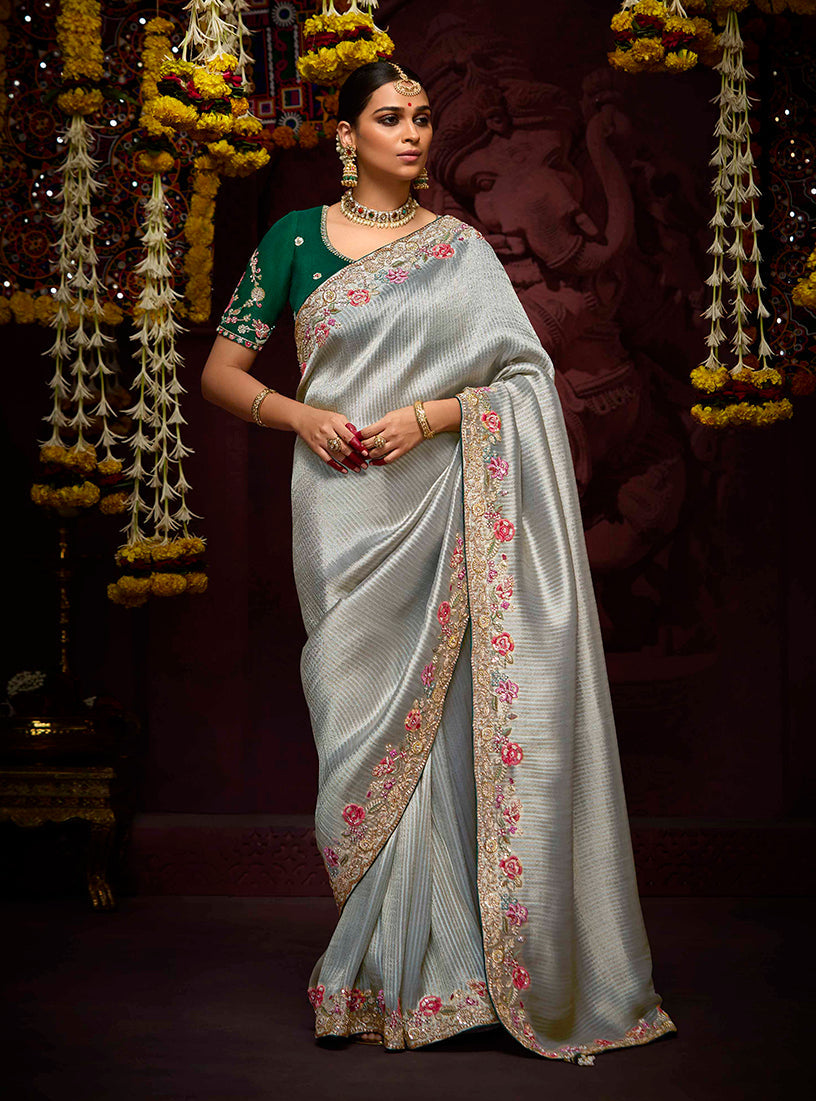 Monjolika Fashion Kanjivaram Silk Sequins Classic Saree in Grey | Grocsy