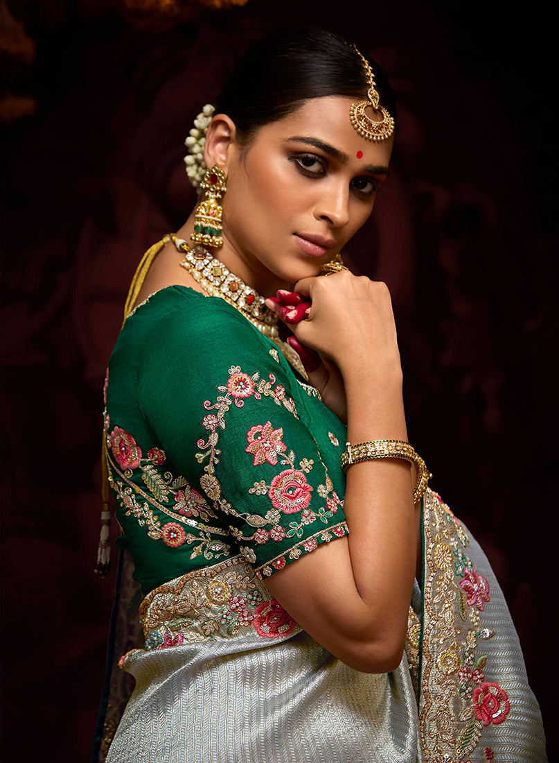 Monjolika Fashion Kanjivaram Silk Sequins Classic Saree in Grey | Grocsy