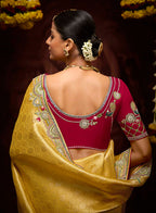 Monjolika Fashion Kanjivaram Silk Weaving Contemporary Saree in Mustard | Grocsy
