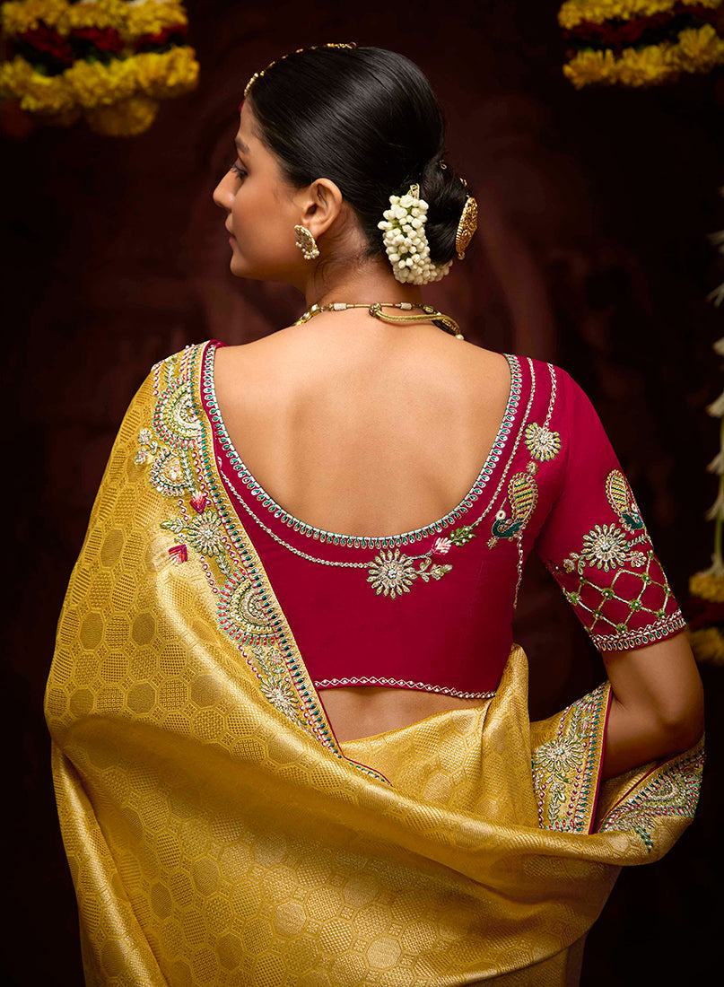 Monjolika Fashion Kanjivaram Silk Weaving Contemporary Saree in Mustard | Grocsy