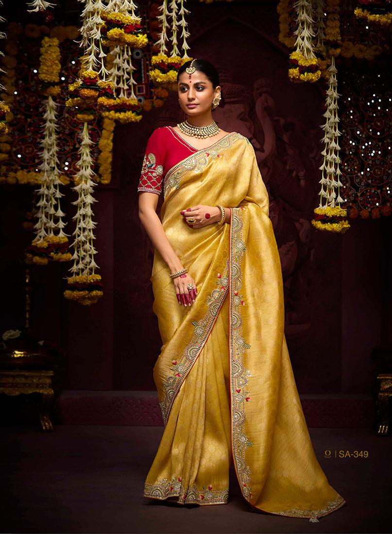 Monjolika Fashion Kanjivaram Silk Weaving Contemporary Saree in Mustard | Grocsy