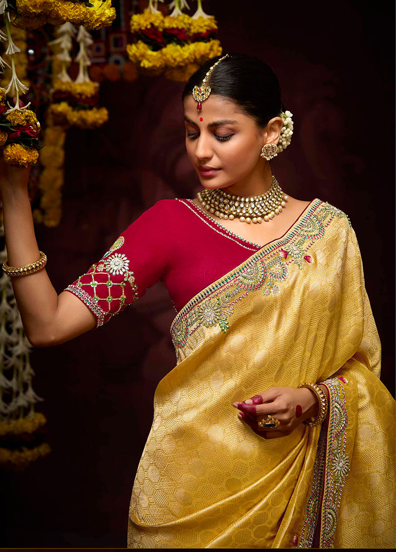 Monjolika Fashion Kanjivaram Silk Weaving Contemporary Saree in Mustard | Grocsy