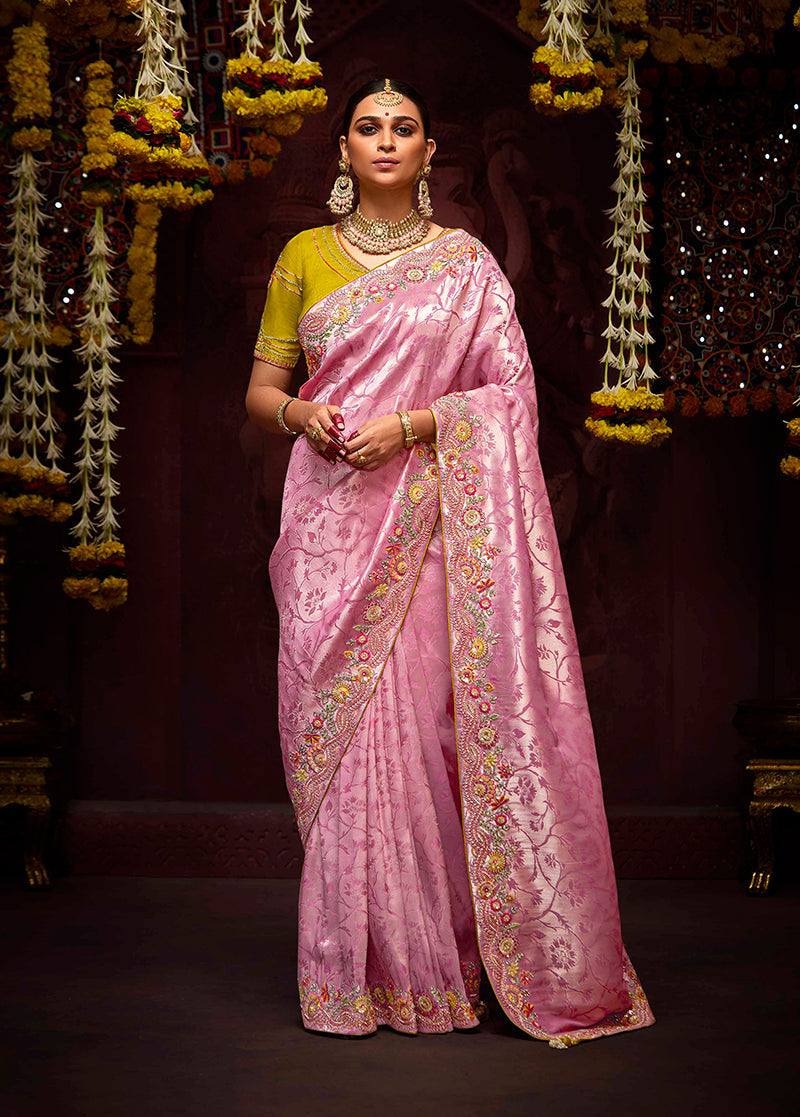 Monjolika Fashion Embroidered Sequins Zari Traditional Saree in Purple & Pink | Grocsy