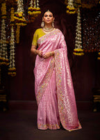 Monjolika Fashion Embroidered Sequins Zari Traditional Saree in Purple & Pink | Grocsy