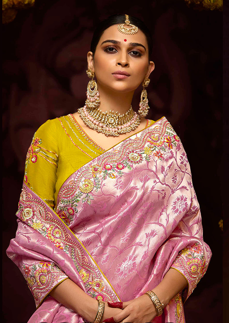 Monjolika Fashion Embroidered Sequins Zari Traditional Saree in Purple & Pink | Grocsy