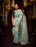 Monjolika Fashion Embroidered Kanjivaram Silk Aqua Blue Trendy Saree | Grocsy