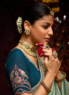 Monjolika Fashion Embroidered Kanjivaram Silk Aqua Blue Trendy Saree | Grocsy