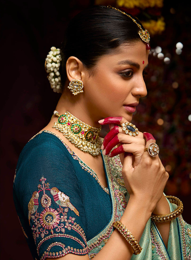 Monjolika Fashion Embroidered Kanjivaram Silk Aqua Blue Trendy Saree | Grocsy