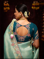 Monjolika Fashion Embroidered Kanjivaram Silk Aqua Blue Trendy Saree | Grocsy
