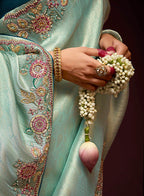Monjolika Fashion Embroidered Kanjivaram Silk Aqua Blue Trendy Saree | Grocsy