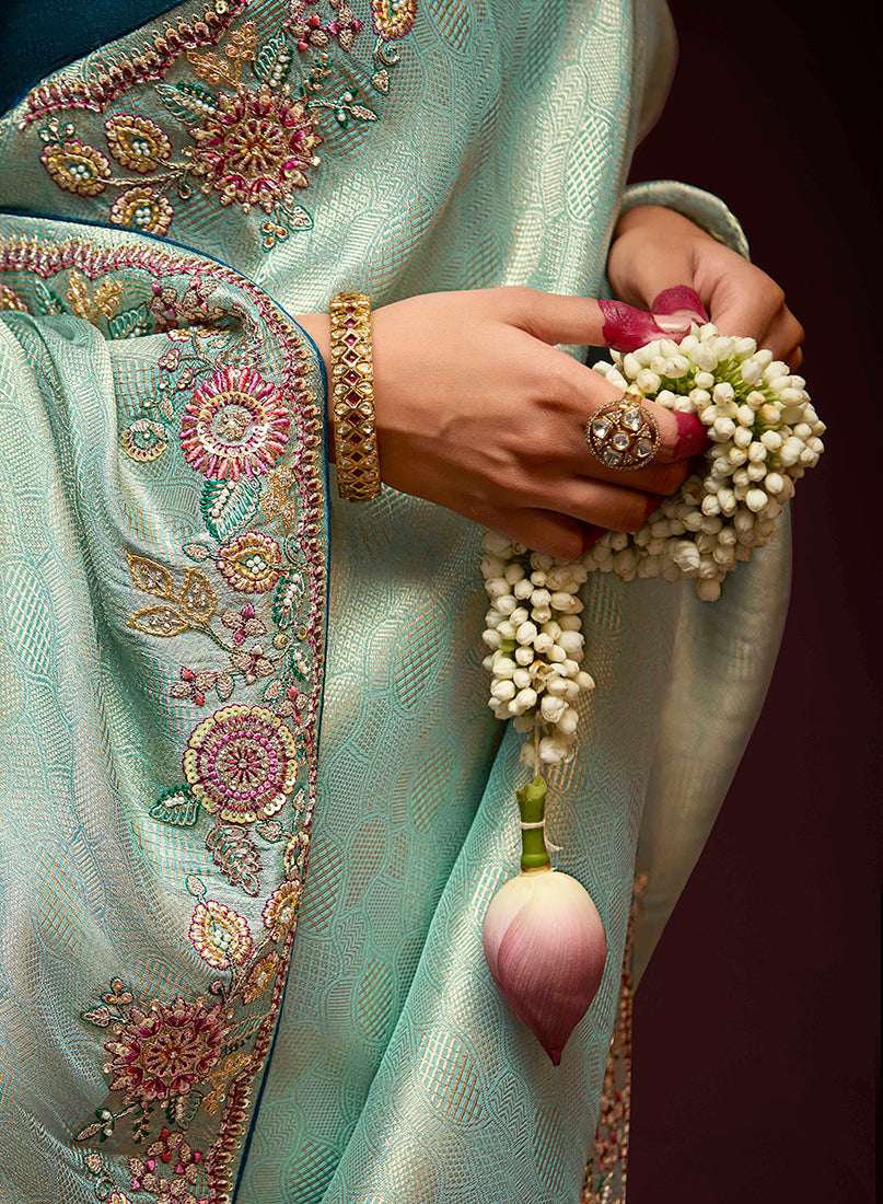 Monjolika Fashion Embroidered Kanjivaram Silk Aqua Blue Trendy Saree | Grocsy