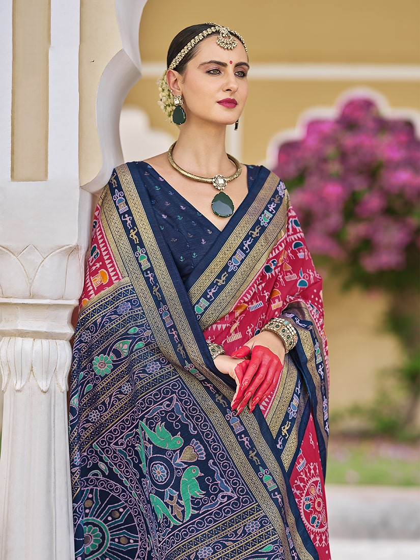 Monjolika Fashion Silk Foil Print Classic Saree In Hot Pink | Grocsy