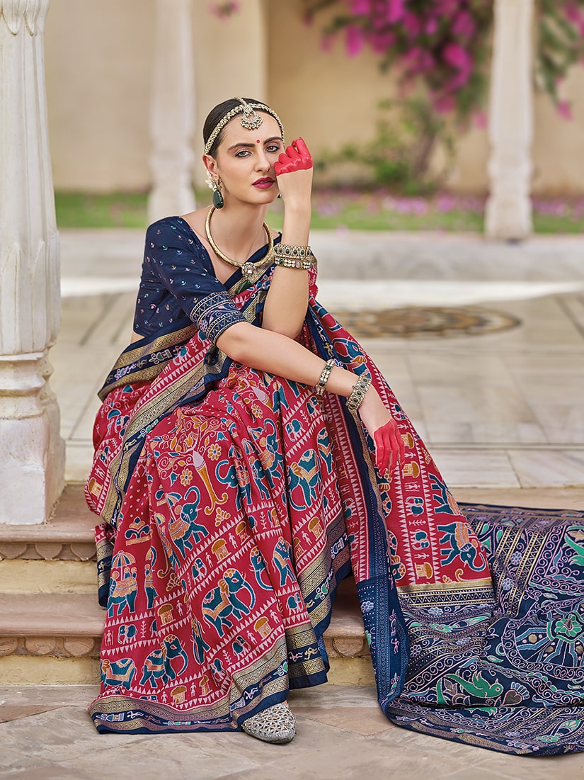 Monjolika Fashion Silk Foil Print Classic Saree In Hot Pink | Grocsy