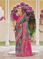 Monjolika Fashion Silk Foil Print Classic Saree In Grey | Grocsy