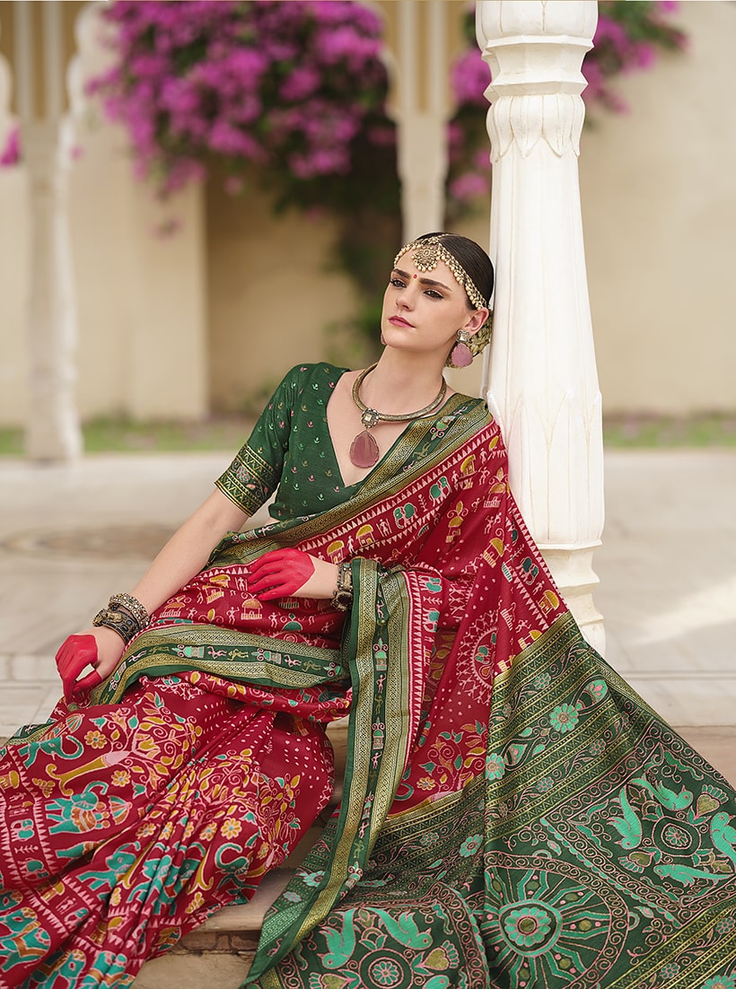 Monjolika Fashion Silk Foil Print Classic Saree In Red | Grocsy